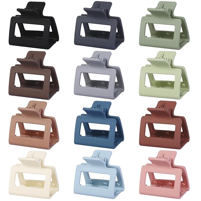 2 Inch Medium Hair Claw Clips 12 Pcs Square Hair Clips for Thin Hair Matte Nonslip Acrylic Banana Jaw Clips Bulk Hair Accessories for women and Girls - Multicolor
