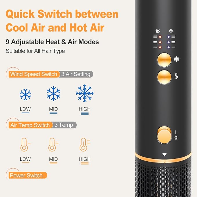 Air Styler Hair Dryer Brush - 110,000 RPM Flexible Hair Styler for Fast Drying/Rotating Curling/Volumizing/Straightening, Auto Wrap Curlers, High-Speed Oval Blow Brush Hair Dryer (Black-Orange)