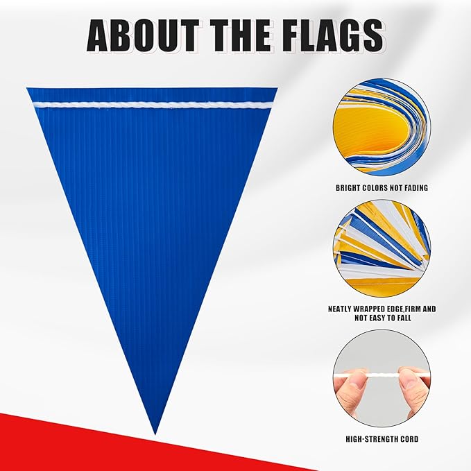 Safety Warning Pennant Banner Flags – Multipurpose OSHA High Visibility Colored Triangle Flags for Roadwork, Party and Hazard Areas(BLUE+WHITE+YELLOW,45pcs,105FT)