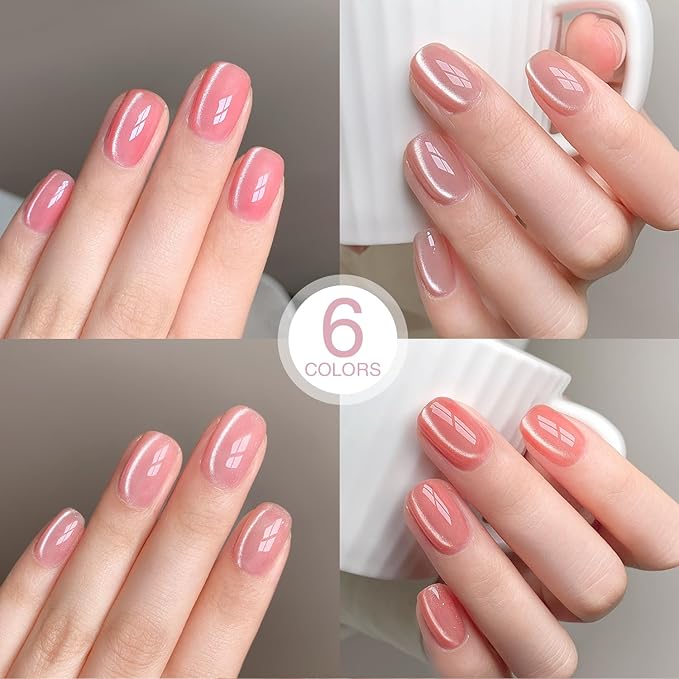 Jelly Pink Silver Cat Eye Gel Nail Polish Set 6 Colors with Magnet for Holographic Glitter Cat Eye, Salon Gel Manicure and Nail Art DIY at Home