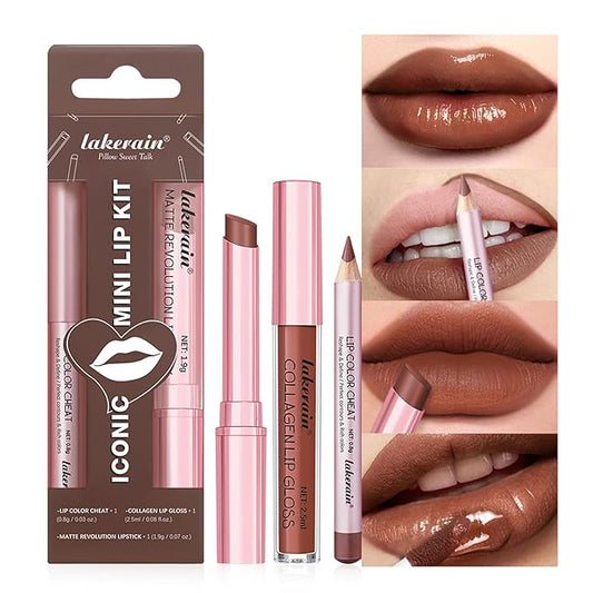 3PCS Lip Liner and Lipstick Combo Set - Matte Lip Liner Pencil, Velvet Matte Lipstick & Hydrating Collagen Lip Gloss - Long-Lasting, Smudge-Proof, High Pigment Nude Brown Lip Makeup Kit (Set 4, 3)