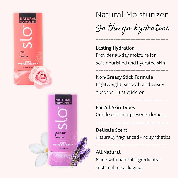 Slo Natural Moisturizing Stick | Body Balm with Organic Ingredients | Hydrating Nourishing | Coconut, Cocoa Butter & Antioxidants | Travel-Friendly | Rose Vanilla & Lavender Jasmine | 2x2.1oz/60g
