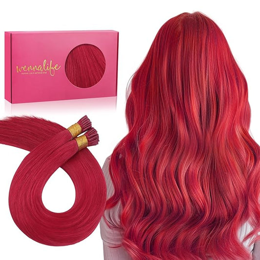 WENNALIFE I Tip Hair Extensions Real Human Hair, 100g 100s 22 Inch Red Remy Itip Human Hair Extensions Invisible Itips Straight I Tips Cold Fusion Extensions