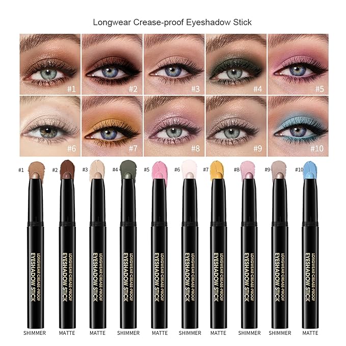 CHIFURE Eyeshadow Stick, Shimmer and Matte Cream Eye Shadow Brightener Sticks Eyeliner Pencil Crayon, Waterproof Long Lasting Eye Highlighter Stick Makeup,0.056 Oz(#8-Fancy)