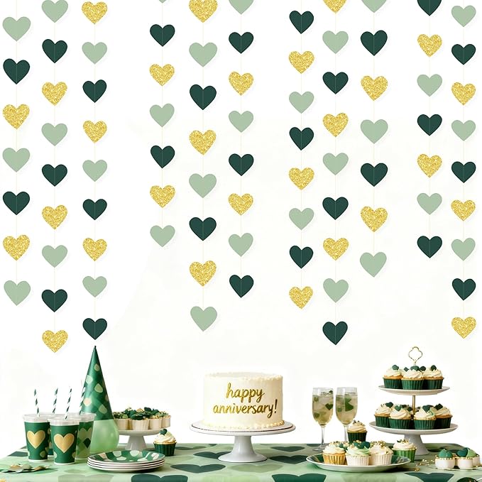 Sage Green and Gold Heart Party Glitter Gold Paper Olive Green Love Heart Hanging Garland Streamer Banner for Woodland Safari Baby Shower Birthday Wedding Anniversary Valentines Day Party Decorations
