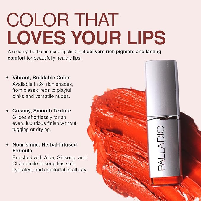Palladio Herbal Lipstick, Rich Pigmented and Creamy, Infused with Aloe Vera, Chamomile & Ginseng, Prevents Lips from Drying, Combats Fine Lines, Long Lasting Lipstick, Nude