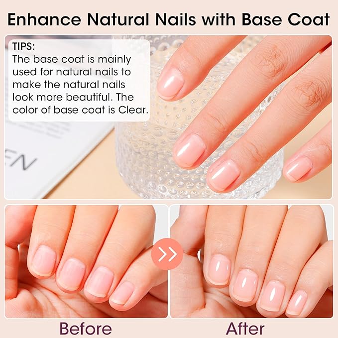 Gellen Clear Nail Polish Base Top Coat, No Wipe Shine Top Coat & 4-In-1 Tinted Nude Base Coat Strengthens Nails - Calcium, Quick Dry Natural Color Regular Nail Polish, Not UV Gel, Hema Free, Non-toxic