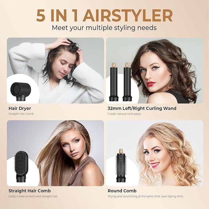 Blow Dryer Brush 5 in 1, Negative Ion Hair Dryer Brush Set Upgrade Hot Air Brush Air Styler Curling Wrap Air Curler, Curling Iron Hair Styling Tools As A Gift for Straight/Curl/Drying/Smoothing