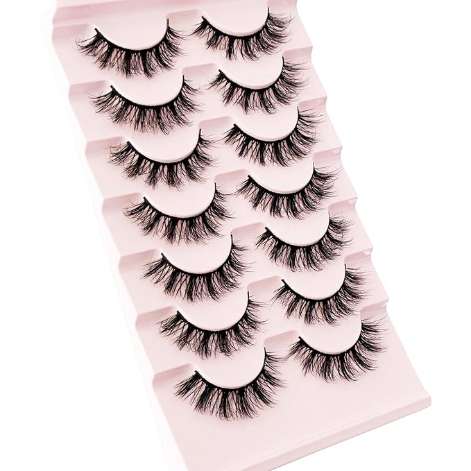 Short Lashes Natural Look Mink Lashes Fluffy Wispy Lashes 14mm Strips Russian D Curl NINGLASH False Eyelashes Cat Eye Lash that Look Like Extensions Fake Eyelash Faux 3D 7 Pairs Lash Pack