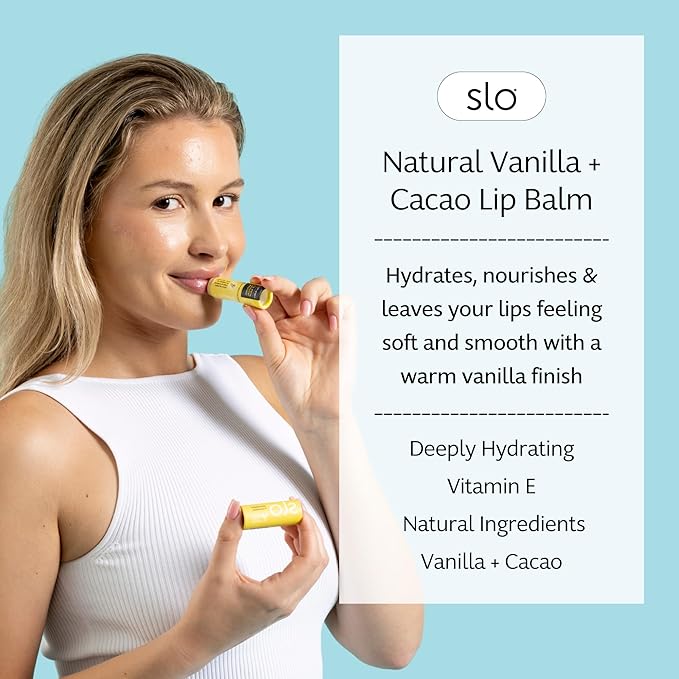 Slo | Natural Lip Balm - All Natural Ingredients, Vegan & Cruelty Free, Hydrating & Soothing, Plastic Free, Paper Packaging | Vanilla + Cacao, (0.28oz/8g)