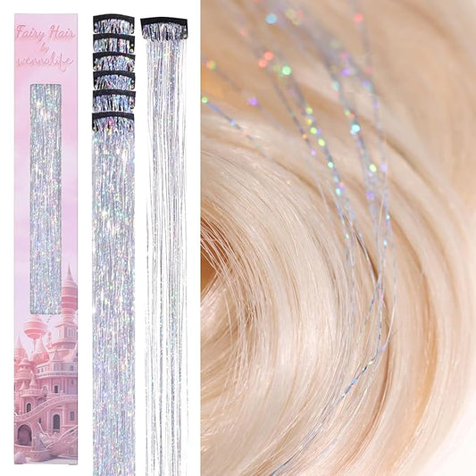 WENNALIFE Hair Tinsel Clip In for Girls Silver, 6pcs 24 inch Clips Tinsel Hair Extensions Clip in Colorful Glitter Clips Sparkle Fairy Hair Accessories for Kids