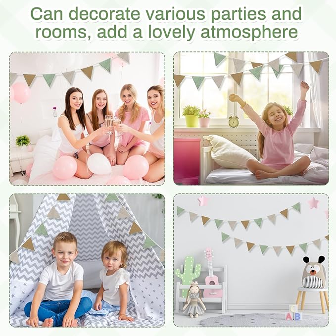 2PCS Pennant Banner Flags, Fabric Bunting Banner Nursery Garland Decor, Baby Shower Garland, Triangle Flags for Baby Boy Room, Playroom, Boho Birthday Party Decor, Each 7.75 ft (Mistwood Color)