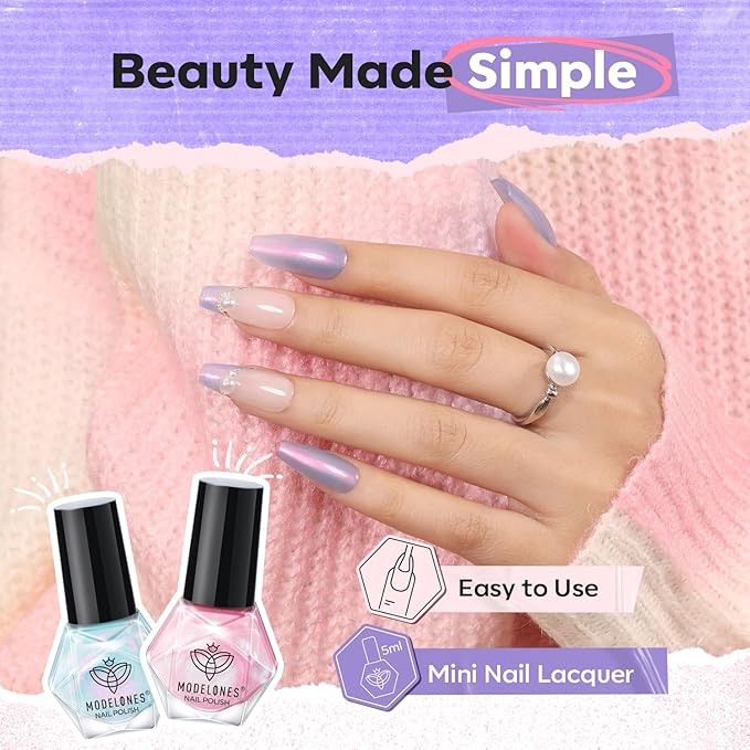modelones Nail Polish Set, 6 Colors Charm Pink Blue Gold Purple Green Shimmer & Holographic Quick Dry Non Toxic Nail Polish Kit Salon Home DIY Manicure Kit Gift For Women Girl