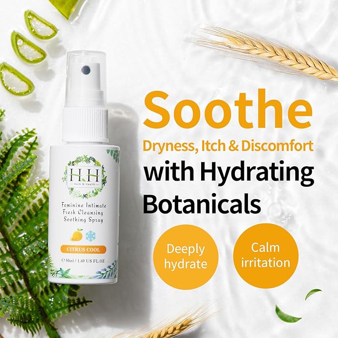 HH Herb & Health Feminine Deodorant Spray,pH 3.6 Intimate Mist for Odor Sweat Itch Dryness, Cool or Uncool, Natural Botanicals with Aloe Chamomile Oat, Alcohol Free for Sensitive Skin - Cooling Citrus