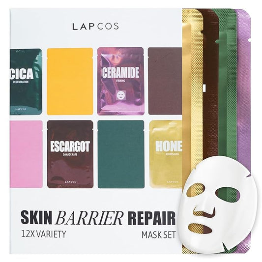 LAPCOS Skin Barrier Repair Sheet Mask Variety Pack – Escargot, Cica, Ceramide, Honey 4 Types of Face Mask Set – Daily Korean Skin Care w/Snail Mucin, Centella Asiatica & Niacinamide (12 ea)