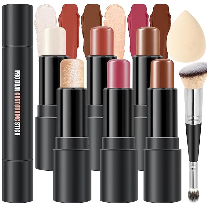 6 Colors Cream Contour Stick Makeup Kit, Shades with Highlighter, Blush and Double-End Bronzer Contour Stick for Sculpt the Cheeks, Long Lasting, Waterproof, Matte & Dewy Finish(SET C)