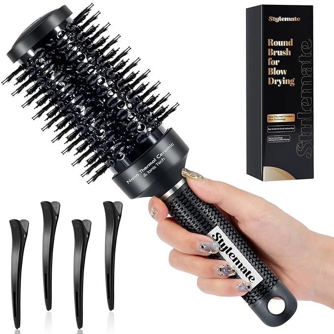 Round Hair Brush, (Barrel 1.3 inch, 32mm) Nano Thermal Ceramic & Ionic Tech Round Barrel Roller Hair Brush with Boar Bristles for Blow Drying-Black