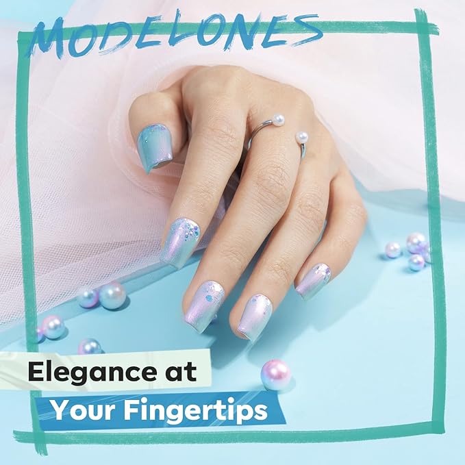 modelones Blue Nail Polish Set, 6 Colors White Green Glitter Pearl Mermaid Quick Dry Mini Starter Kit, Long Lasting Art DIY Manicure Set at Home for Women Girls