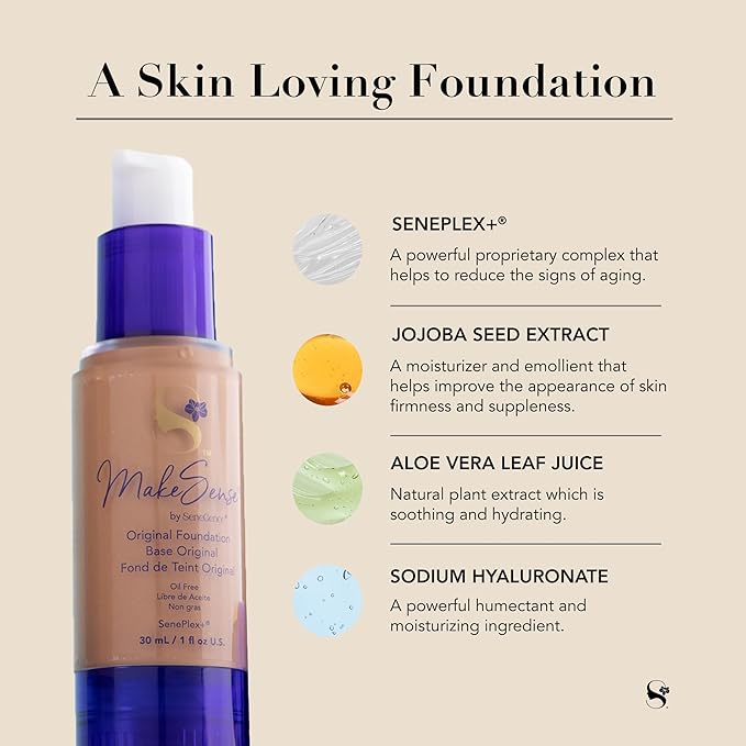 SeneGence MakeSense Original Foundation, Dewy, 1 Fl Oz, Long-Lasting Oil-Free Formula with Skin-Nourishing Ingredients, Water-Resistant