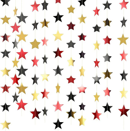 Patelai Glitter Star Garland Banner New Years Decor 130 Feet Star Hanging Banner Twinkle Backdrop for Birthday Classroom Wedding Halloween Christmas Party Supplies(Red, Black, Gold)