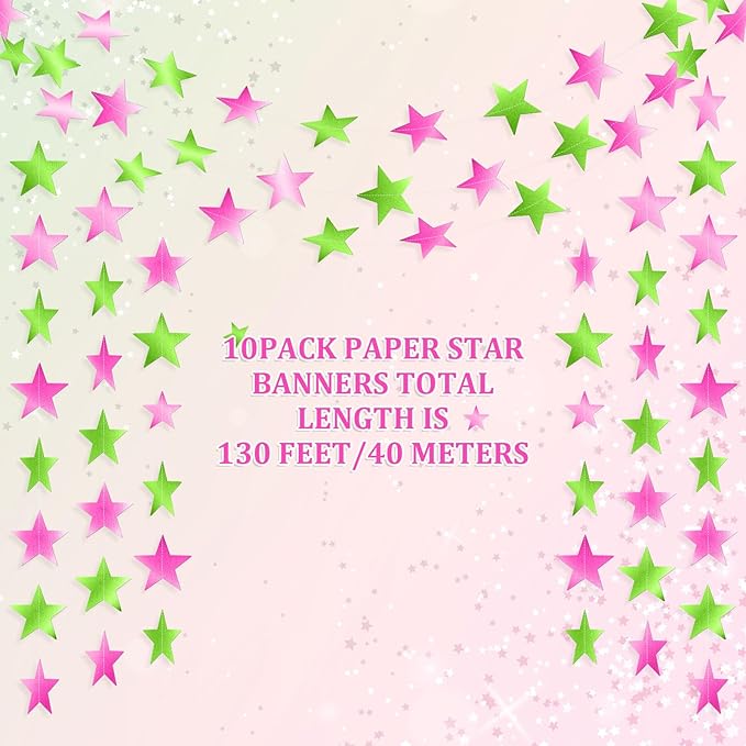 Patelai Glitter Star Garland Banner New Years Decor 130 Feet Star Hanging Banner Twinkle Backdrop for Birthday Classroom Wedding Halloween Christmas Party Supplies(Pink,Green)