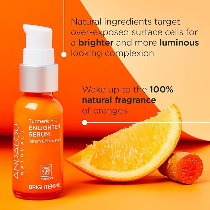 Andalou Naturals Turmeric + Vitamin C Enlighten Serum | Illuminating Face Treatment for Uneven Tone & Sun Damage | With Turmeric and Fruit Stem Cells | 1.1 fl oz