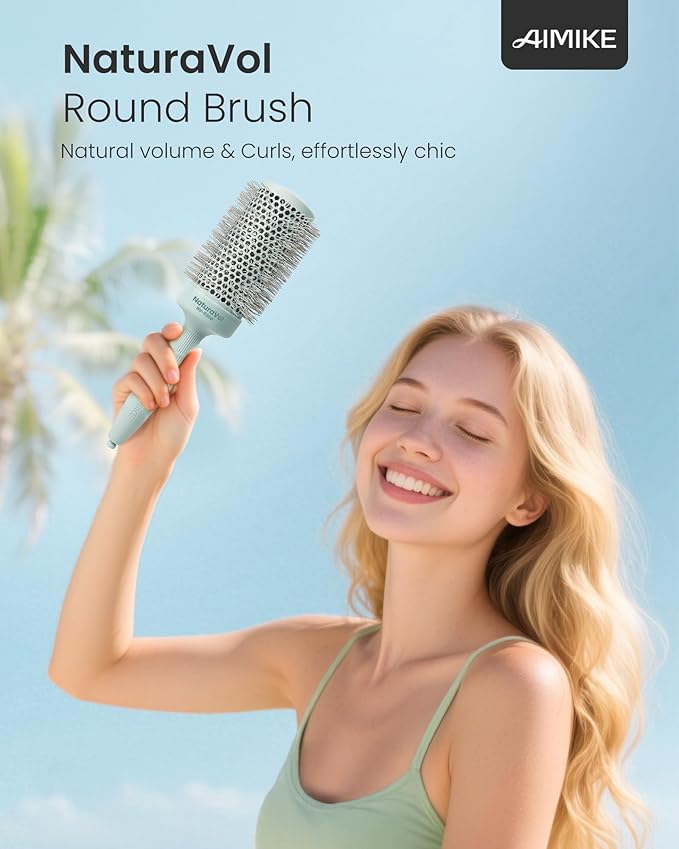 AIMIKE NaturaVol Round Brush for Blow Out, Large Round Hair Brush Nano Thermal Ceramic & Ionic Tech, for Blow Drying & Salon-like Styling at Home, Maximum Volume and Shine- 3”Overall Dia for Long Hair