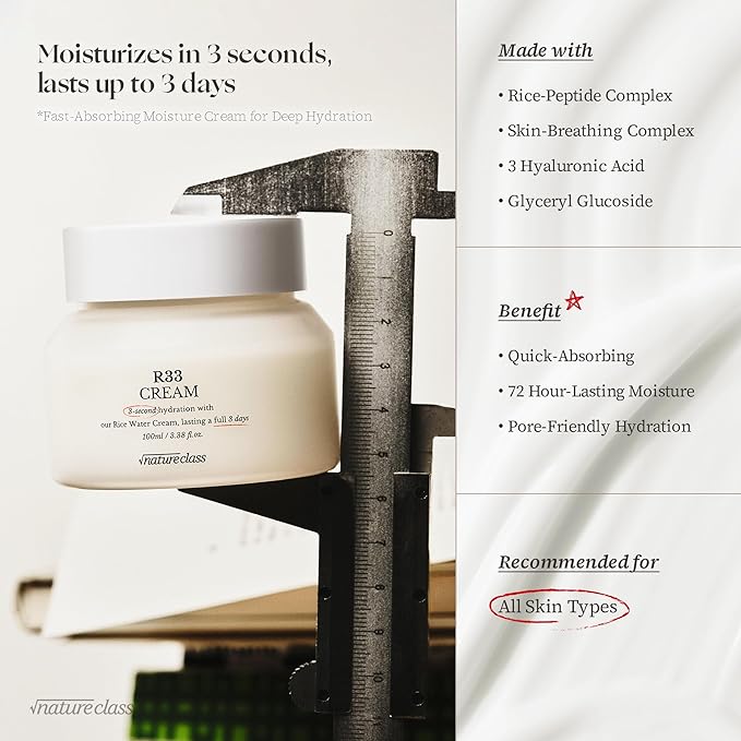 R33 Moisturizing Facial Cream with Rice-Peptide & Skin-Breathing Complex – Fast Absorbing Hydration, 72-Hour Lasting Moisture, Non-Comedogenic, Korean Skincare 3.38 fl.oz.