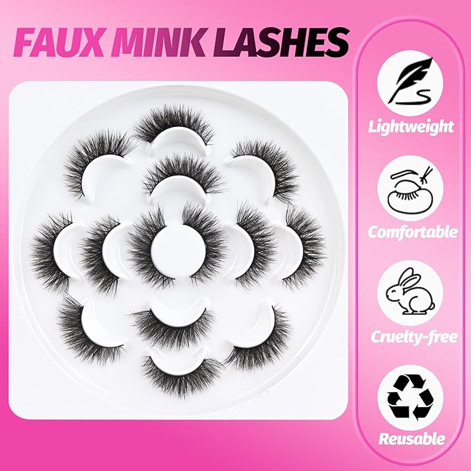 Veleasha Lashes 5D Faux Mink Lashes Crisscross False Eyelashes Handmade Cat Eye Lashes Wispy Fluffy Fake Lashes Luxurious Eyelashes Natural Look Volume Fake Eyelashes 7 Pairs Pack (614)
