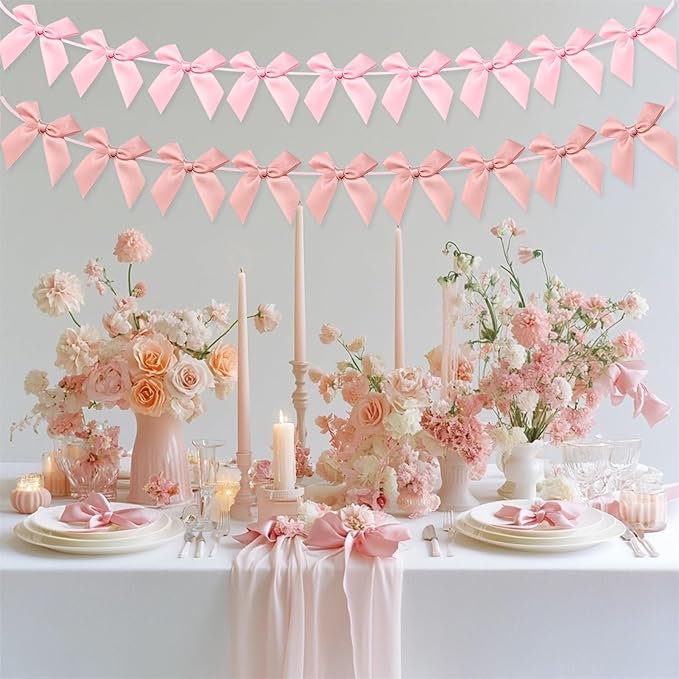 2pcs Bow Garland Banner, Ribbon Bow Party Decorations for Baby Shower Girls Bow Coquette Birthday Party Decor (Peach Pink+Pink)