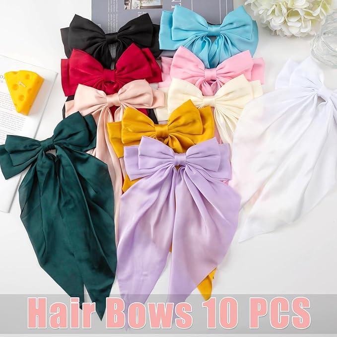 10 PCS Hair Bows,Hair Bows for Women,Hair Ribbons,Oversized Long-tail Cute Aesthetic Hair Accessories,Large Hair Barrettes for Women,Big Hair Bow,Big Bows for Girls