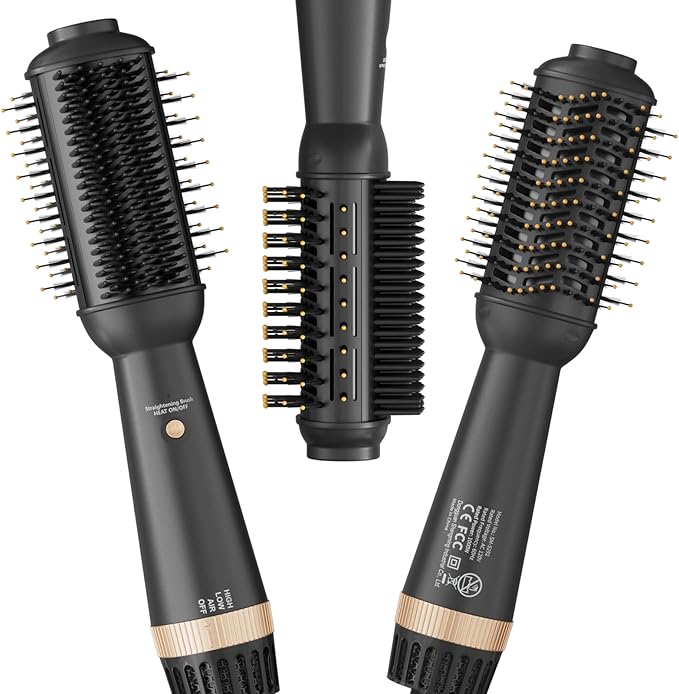 110-120V Upgraded Hair Straightener Brush Blowout Brush Dryer for Black Hair, One-Step Hair Trends Hot Air Brush Styler with Heated Comb, 60mm Oval Barrel for Drying Straightening Volumizing