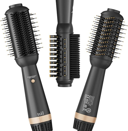 110-120V Upgraded Hair Straightener Brush Blowout Brush Dryer for Black Hair, One-Step Hair Trends Hot Air Brush Styler with Heated Comb, 60mm Oval Barrel for Drying Straightening Volumizing