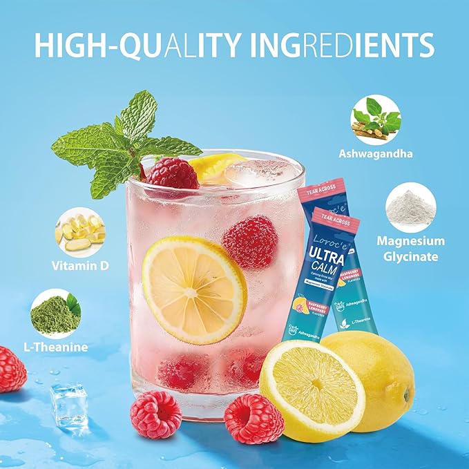 UltraCalm Super Cortisol Drink with Magnesium Glycinate, Ashwagandha, L-Theanine, Vitamin D3, Magnesium Powder for Sleep & Stress Relief, Raspberry Lemonade (30 Servings)