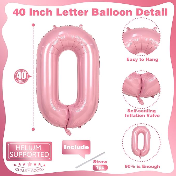 40 Inch Pearl Pink Large Letter Balloons - A to Z, Self Inflating Pink Foil Alphabet O Mylar Balloons for Girls' Birthday Party & Anniversary Decorations