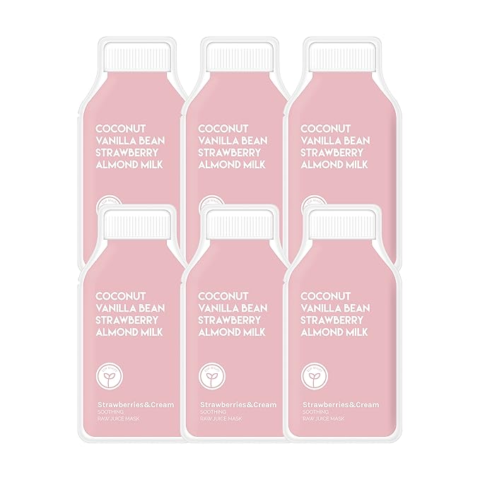 ESW Beauty Strawberries & Cream - Soothing Raw Juice Face Mask (6-Pack) - Calming with Coconut, Vanilla Bean, Almond Milk & Strawberry for Sensitive Skin - Reduces Redness & Nourishes