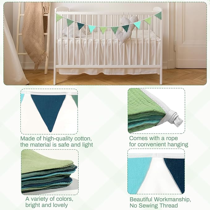 2PCS Pennant Banner Flags, Fabric Bunting Banner Nursery Garland Decor, Baby Shower Garland, Triangle Flags for Baby Boy Room, Playroom, Boho Birthday Party Decor, Each 7.75 ft (Blue Green)