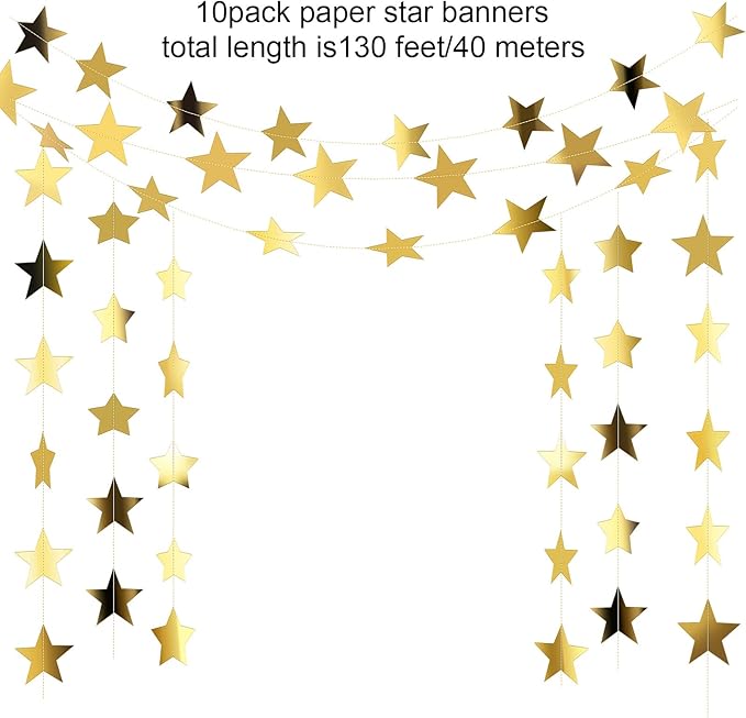 Patelai Glitter Star Garland Banner New Years Decor 130 Feet Star Hanging Banner Twinkle Backdrop for Birthday Classroom Wedding Halloween Christmas Party Supplies(Gold)