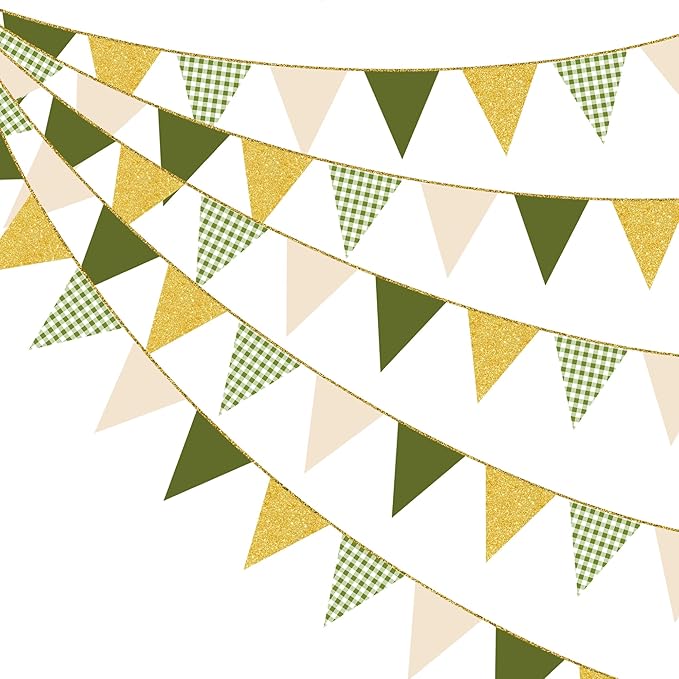 Sage Green Gold Buffalo Plaid Pennant Banner Flag Oilve Green Gold Hanging Glitter Paper Triangle Bunting for Birthday Neutral Baby Shower Wedding Safari Jungle Woodland Party Decorations Supplies