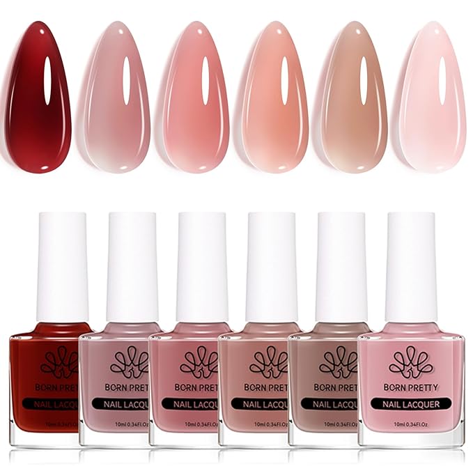 Born Pretty Jelly Nail Polish Set, 6 Colors Burgundy Red Brown Nude Pink Natural Colors Quick Dry Nail Polish Sheer Transparent Fall Winter Fingernail Polish for DIY Nail Art Salon Home Gifts