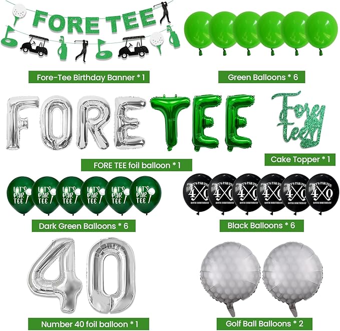 40th Birthday Decorations for Men, Golf Themed Happy 40th Birthday Party Decorations Balloons Numbers Banner Accessories Gifts for Men