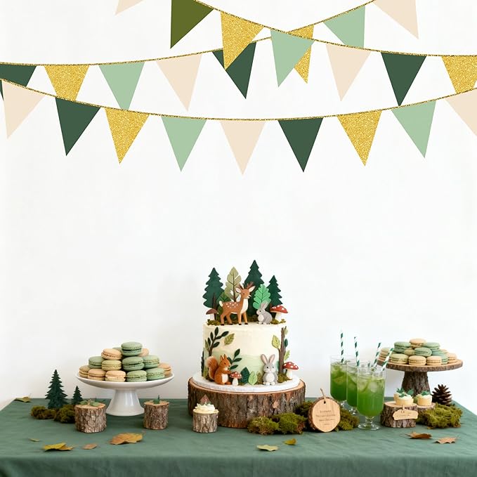 Sage Green Gold Party Decorations Pennant Banner Flag Oilve Green Cream Beige Gold Hanging Glitter Paper Triangle Bunting for Neutral Baby Shower Birthday Wedding Woodland Jungle Safari Party Supplies