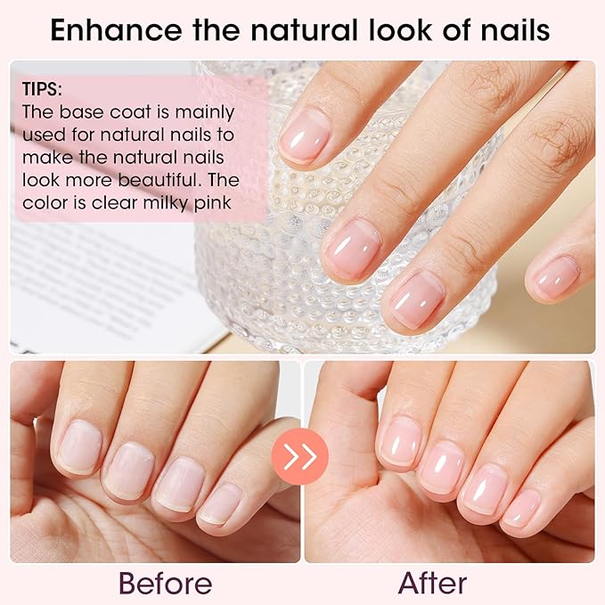 GELLEN 4‑in‑1 Clear Nail Polish Base Coat Sheer Tinted Milky Pink, Ridge Filler, Nail Strengthener & Concealer, Calcium Formula Strengthens Nails, Enhances Natural Look, No HEMA, Anti-yellowing