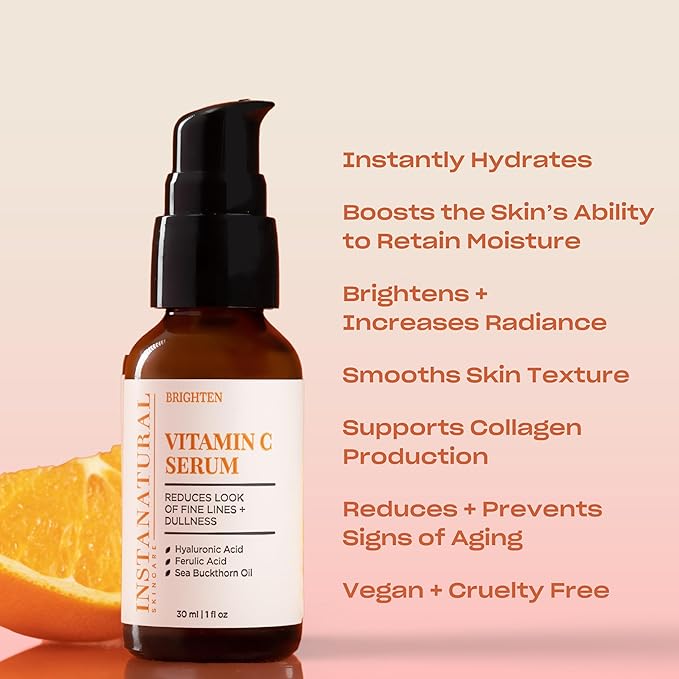 InstaNatural Vitamin C Face Serum, Brightens, Hydrates and Reduces Signs of Aging, with Vitamin C, Hyaluronic and Ferulic Acid, 1 FL Oz