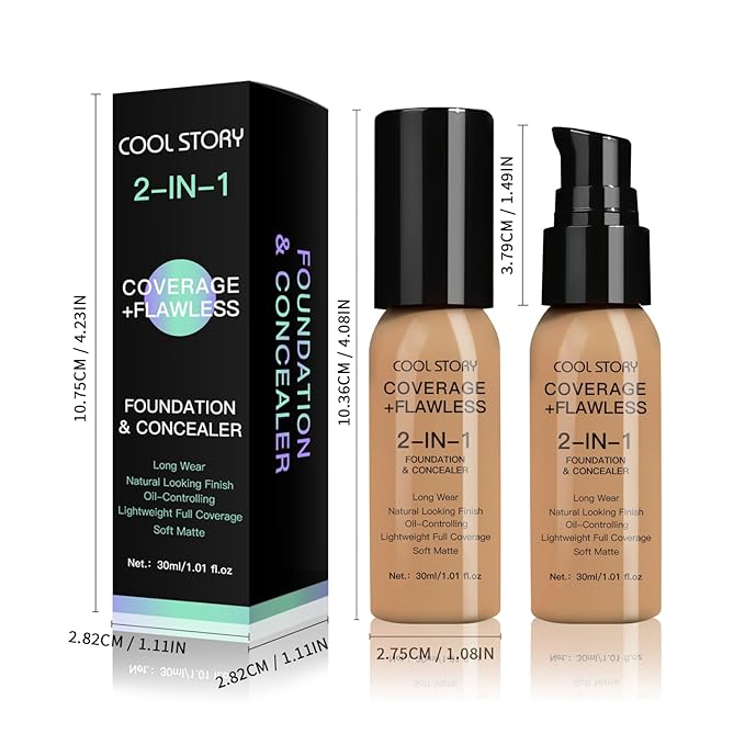 2-in-1 Foundation and Concealer Long Wear Natural Matte Finish Lightweight Coverage (Medium Tan)