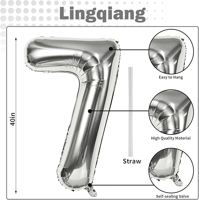 40'' Silver Number 7 Balloons, Self Inflating Foil Number Balloons Set 0-9 for Women Men, Large Digital 7 Helium Balloon for Girls Boys 7th Birthday Party New Year Decorations Anniversary Supplies