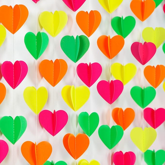 Valentines Day UV Neon Party Decorations Heart-Garland - 39Ft 3D Glow In The Dark Supplies, Hanging Paper Streamers Banner,Girl Romantic Wedding Anniversary Baby Bridal Shower Engagement Decor Ouruola