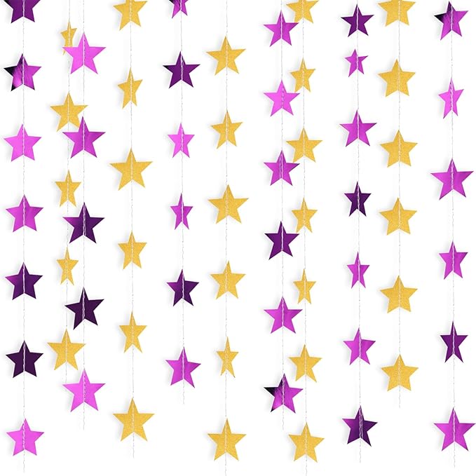 Patelai 130 Feet Glitter Star Garland Banner Decoration Hanging String Star New Year Eve Party Supplies Gold Black Party Decor for 2026 New Year Valentines Wedding Birthday (Gold and Purple)