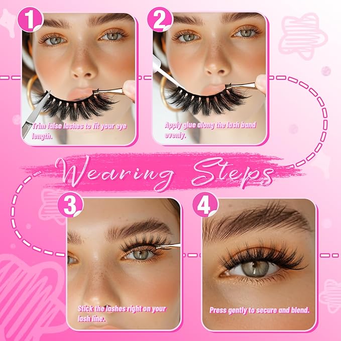 Veleasha Lashes Fluffy Eyelashes 12 Pairs C Curl False Eyelashes Natural Look Wispy Cat Eye Fake Lashes (Dopamine Pink)