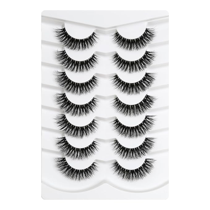 3D Clear Band Lashes Natural Volume Soft Faux Mink Lashes D Curl Cat Eye Wispy Fake Eyelashes Short Cross Reusable False EyeLashes 7 Pairs (No.197)